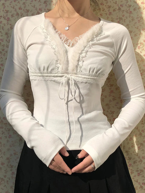 white-faux-fur-spliced-ruched-lace-top-1