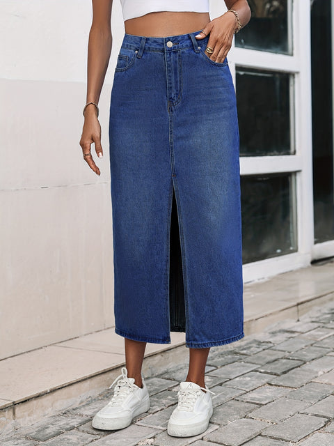 Plain Slash Pockets Denim Midi Skirt