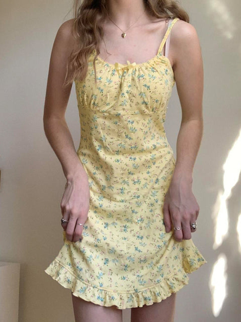 yellow-bow-small-flowers-printing-mini-dress-1