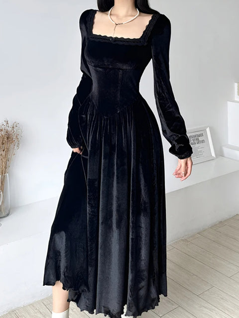 elegant-black-square-neck-lace-trim-a-line-dress-1