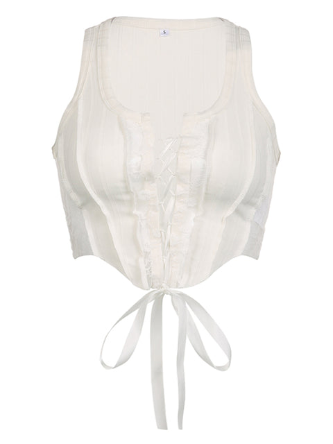 White Lace Spliced Short  Crop Top