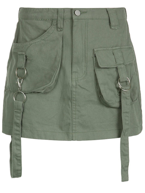 retro-green-denim-ribbon-cargo-pockets-short-skirt-