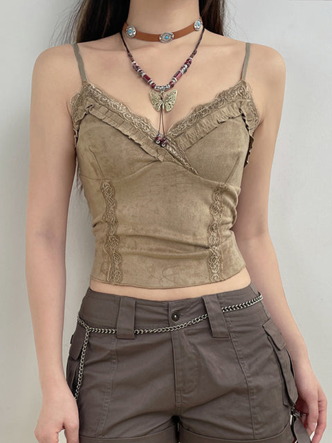 khaki-v-neck-strap-lace-sleeveless-backless-halter-top-1