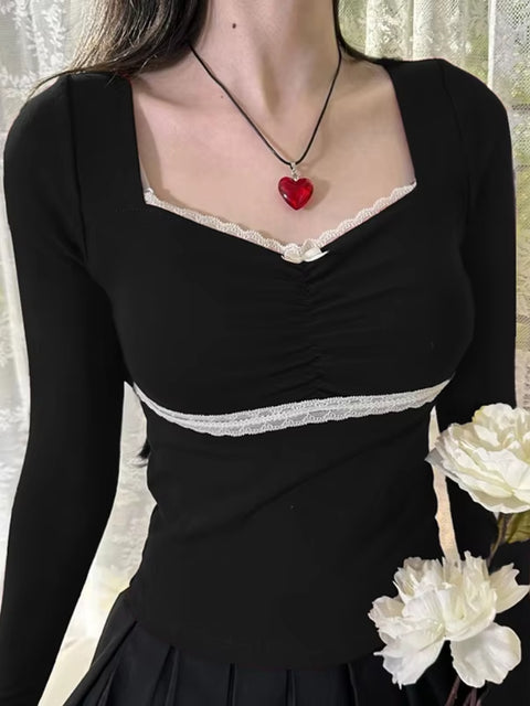 Cute Bow Lace Patchwork Square Neck Top