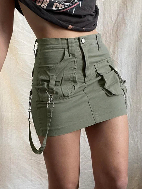 retro-green-denim-ribbon-cargo-pockets-short-skirt-3