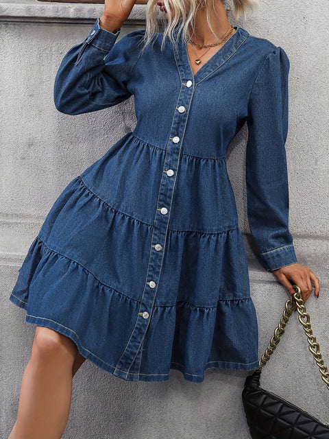 Dark Blue V Neck Denim Dress