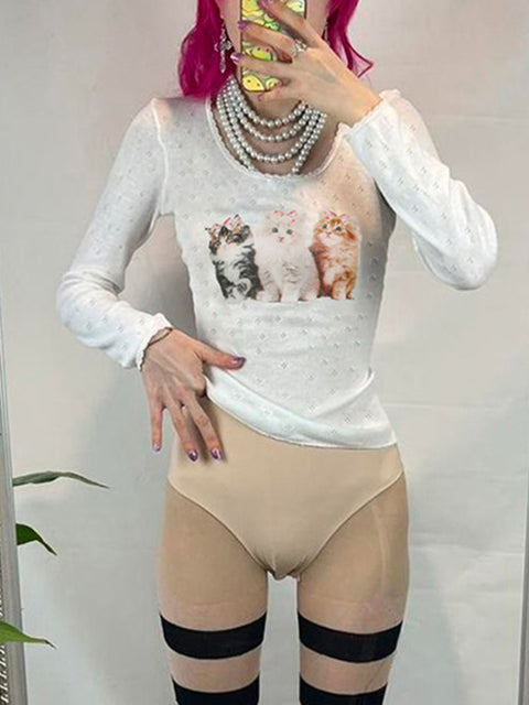 white-cute-cat-print-knit-lace-trim-top-1