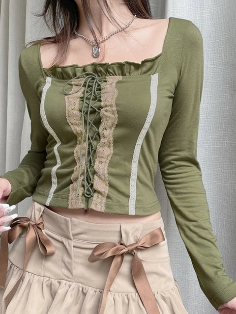 vintage-green-lace-spliced-tie-up-ruffles-top-1