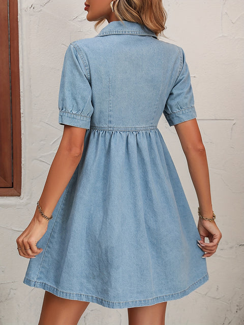 Blue Short Sleeves Denim Dress