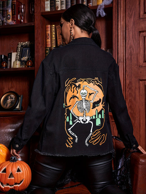 Skeleton Pattern Halloween Denim Jacket