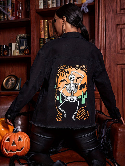 Skeleton Pattern Halloween Denim Jacket