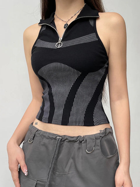 black-fitness-turtleneck-zipper-tank-stripe-printing-top-2
