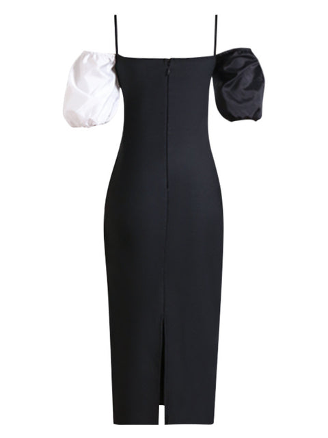 black-and-white-sexy-slim-puffy-sleeve-bandage-off-shoulder-dress-2