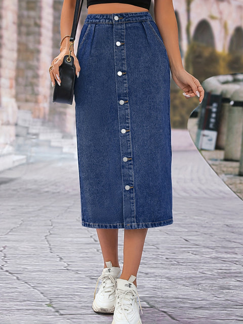 Single Breasted Button Denim Midi Skirt