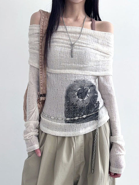 Printing Slash Neck Tierred Folds Slim Top