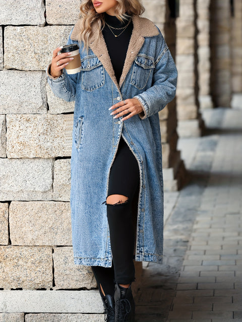 Blue Fleece Liner Long Denim Coat