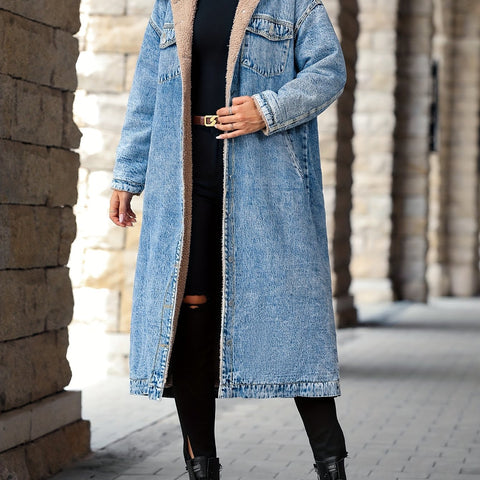 Blue Fleece Liner Long Denim Coat