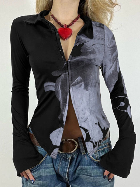 Gothic Graphic Printed Flare Sleeve Shirt