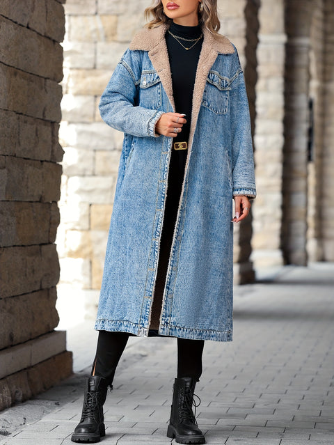 Blue Fleece Liner Long Denim Coat