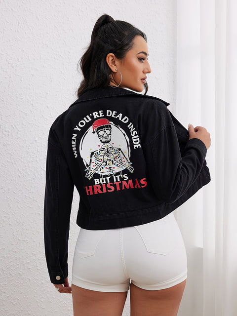 Skeleton & Letter Print Denim Coat