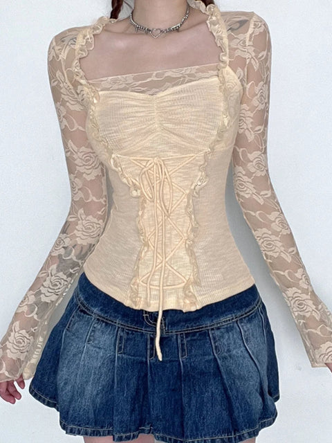 cute-skin-lace-spliced-tie-up-top-1