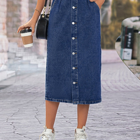 Single Breasted Button Denim Midi Skirt