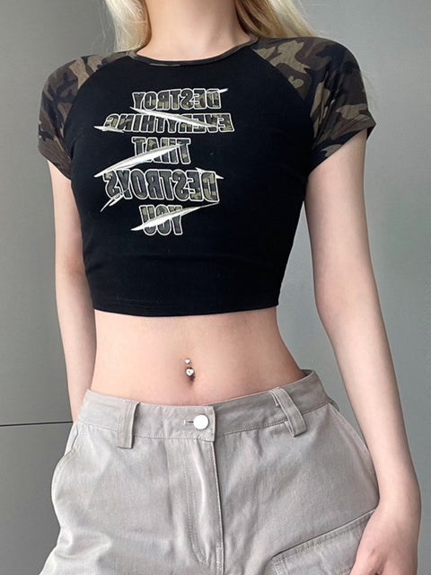 black-letter-print-short-sleeve-lace-up-slim-top-1