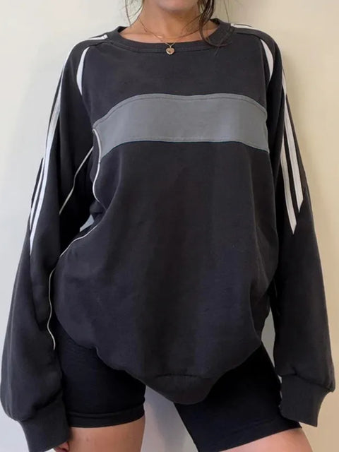 black-oversized-stripe-spliced-long-sleeves-top-1