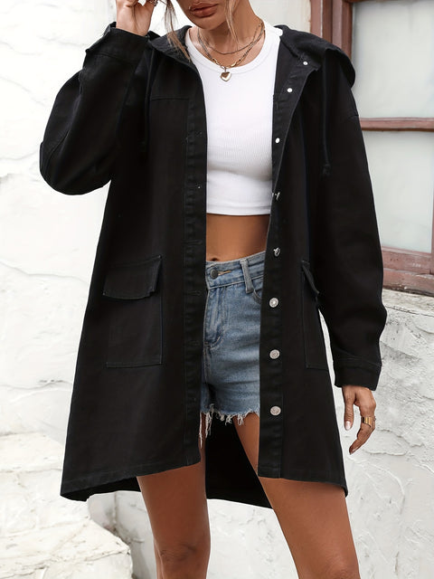 Plain Hooded Long Denim Jackets