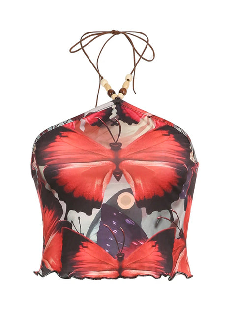 Vintage  Butterfly Printed Halter Backless Top
