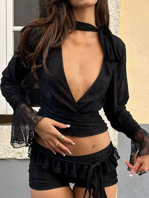 Sexy Deep V-Neck Flare Sleeve Top