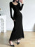 black-slim-lace-spliced-knit-long-dress-1