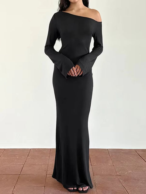 Elegant Black Skew Collar Long Dress