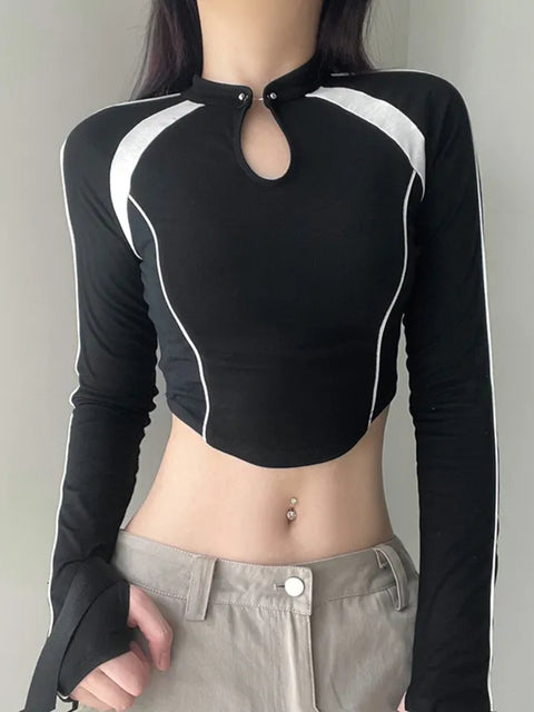 black-stripe-patchwork-long-sleeves-crop-top-1