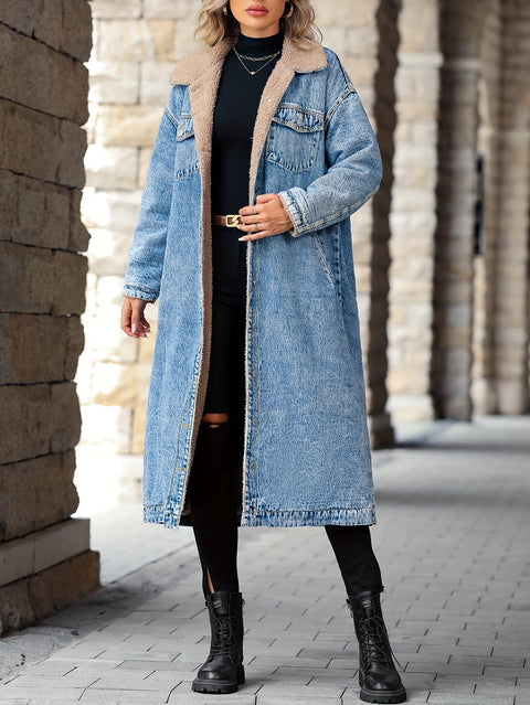 Blue Fleece Liner Long Denim Coat