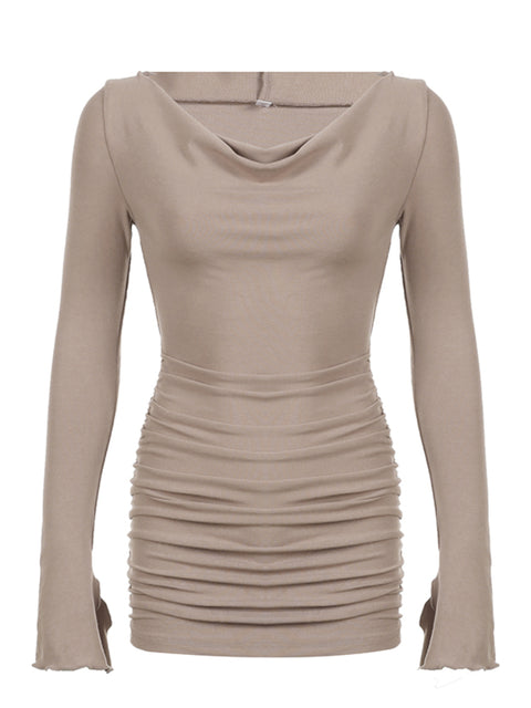 khaki-hooded-bodycon-folds-long-sleeve-dress-1