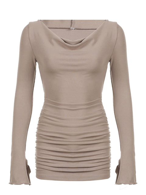 khaki-hooded-bodycon-folds-long-sleeve-dress-1