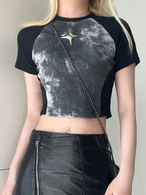 black-tie-dye-stitching-slim-printed-short-sleeve-top-2