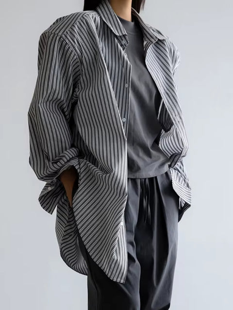 Grey Striped Long Sleeves Oversized Shirts