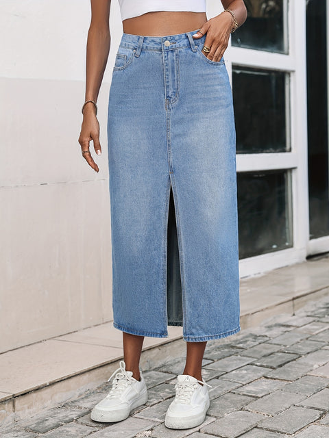 Plain Slash Pockets Denim Midi Skirt