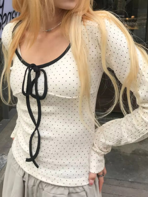 Cute Polka Dot Printed Lace-Up Long Sleeve Top