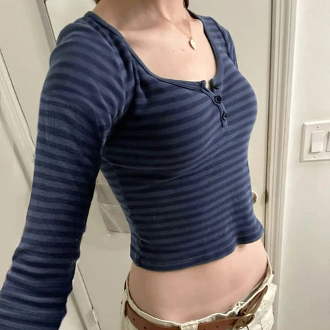 Casual Stripe Buttons Long Sleeve Top