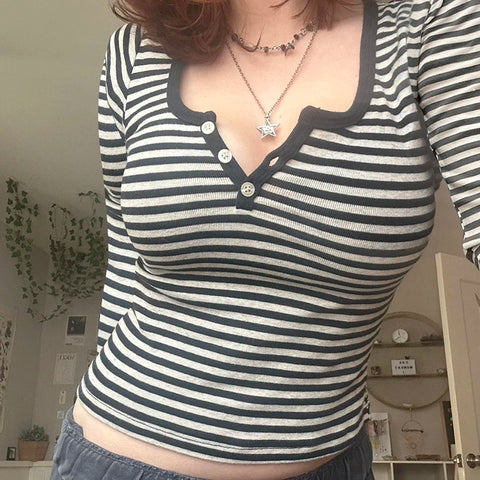 Casual Stripe Buttons Long Sleeve Top