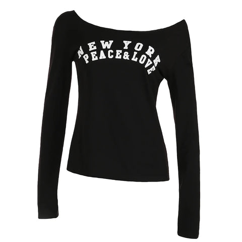 Black Skew Collar Letter Printed Knitted Top