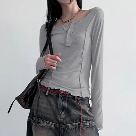 Grey Frill Trim Long Sleeve Top