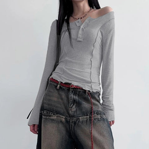 Grey Frill Trim Long Sleeve Top