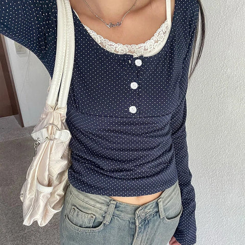 Cute Polka Dot Print Lace Patchwork Top