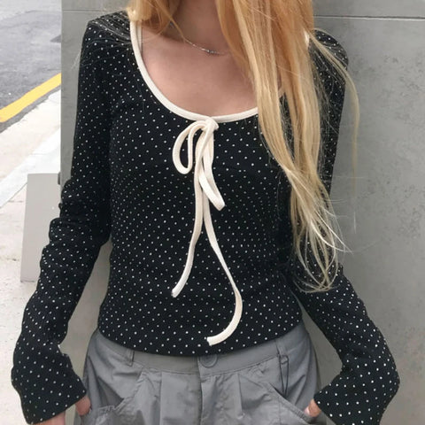 Cute Polka Dot Printed Lace-Up Long Sleeve Top