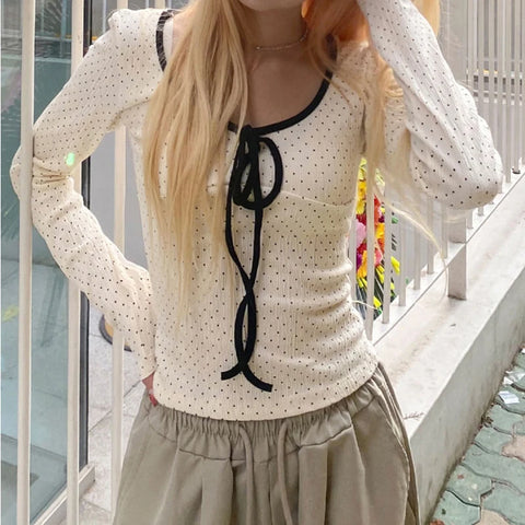 Cute Polka Dot Printed Lace-Up Long Sleeve Top