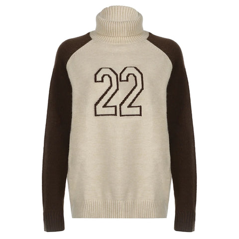 Brown Digital Pattern Turtleneck Pullover Sweater
